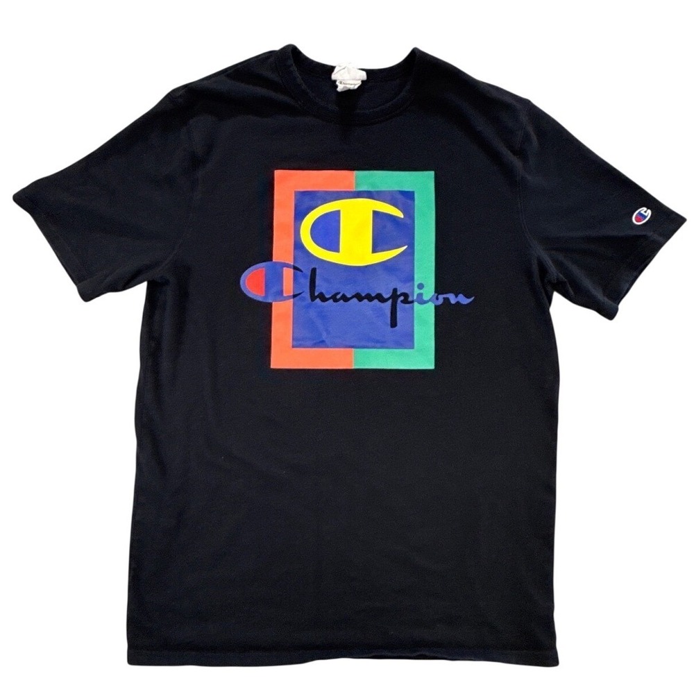 Champion Heritage Mens Black Graphic T-Shirt Large Colorblock Logo T1919G BKC